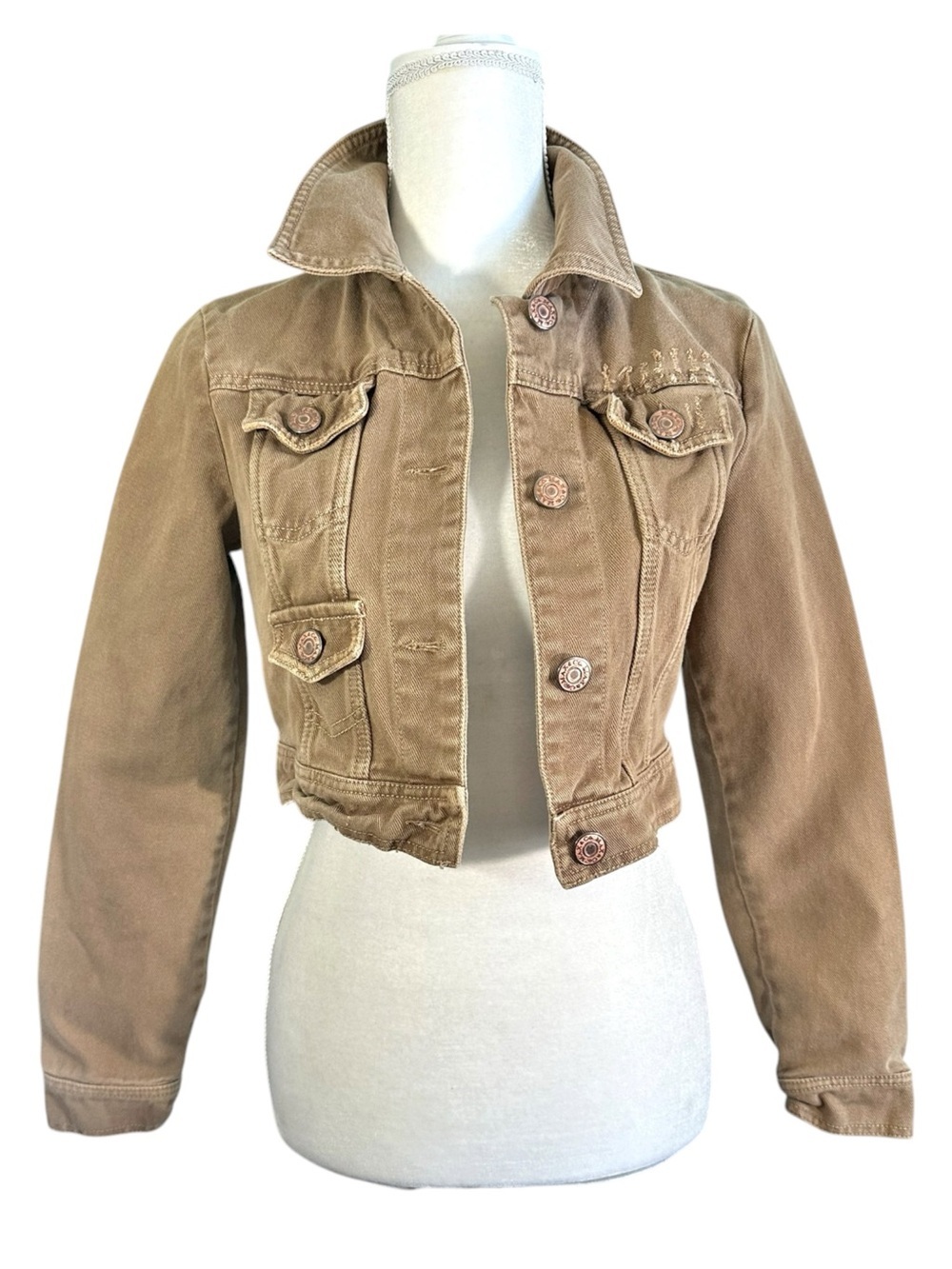 MAX & Co. Distressed Carmel Cropped Jean Jacket Size 6